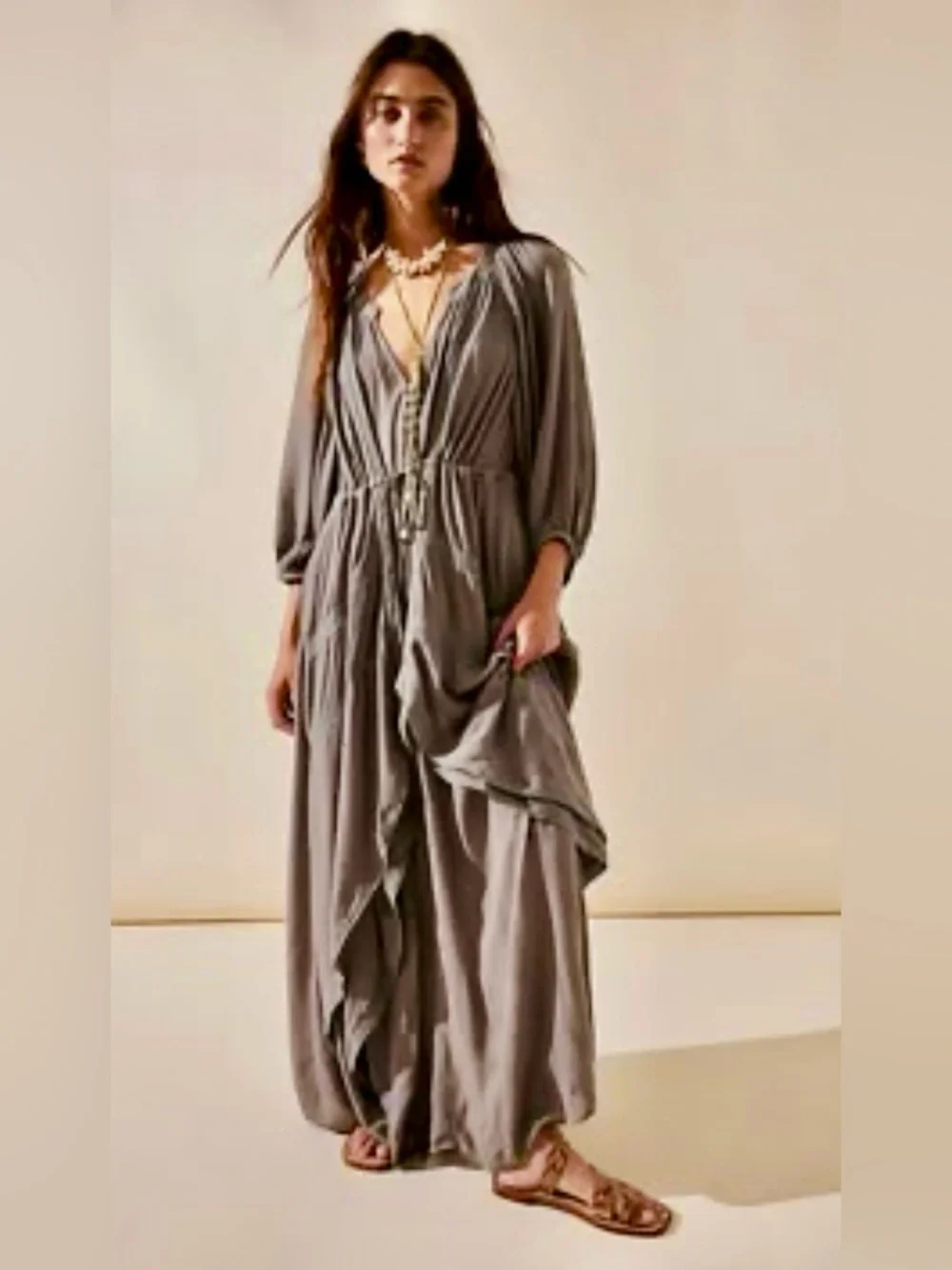 NWT Free People Turquoise V-Neck Tie-Waist Maxi Dress - Picture 6 of 14
